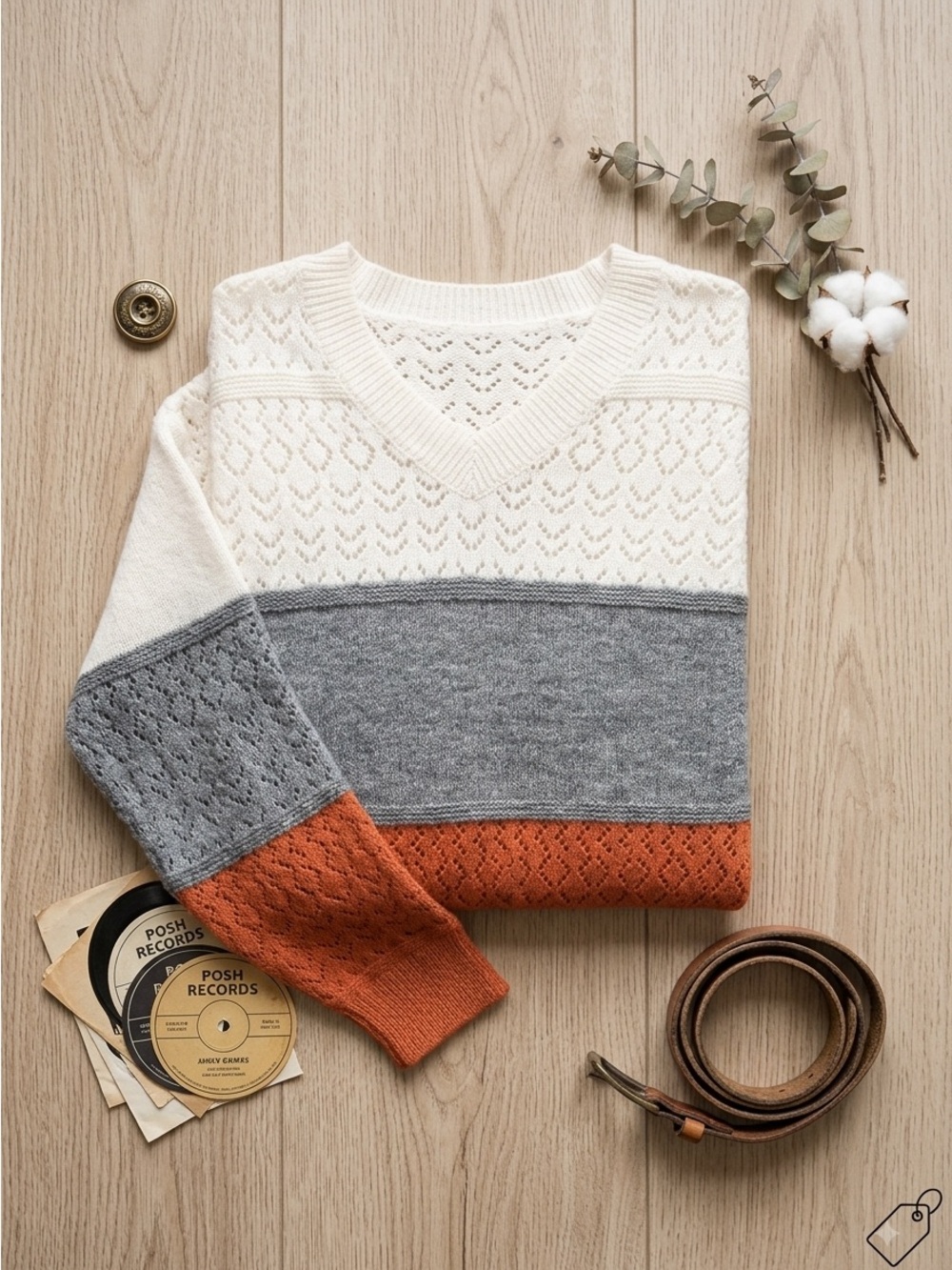 V-Neck Colorblock Open Knit Sweater - Cream, Gray & Rust